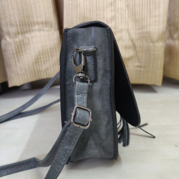 Boho Grey Green Sling Purse/ Wallet with metal studs and tassles - Picture 5 of 7